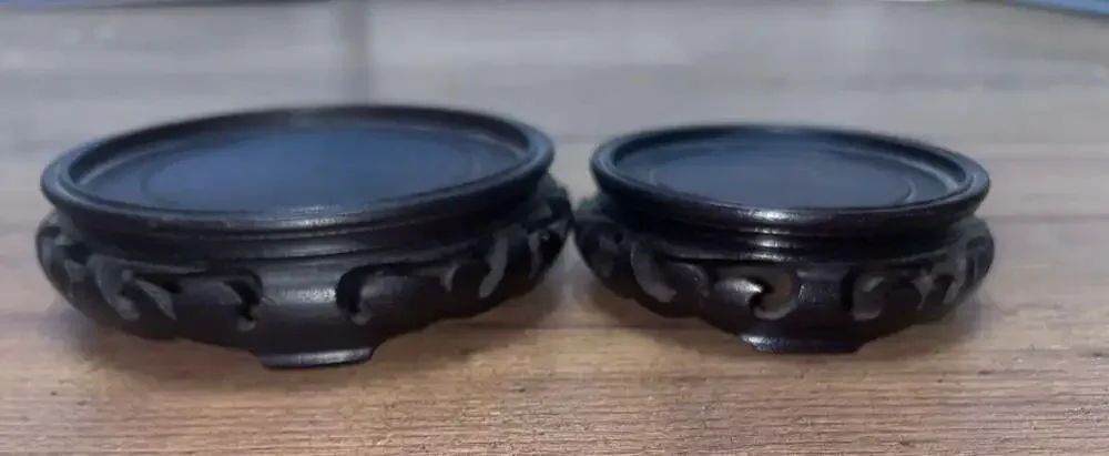 Vintage Chinese Carved Ebonized Wood Round Display Stand Pedestal Set